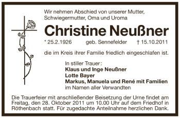 Traueranzeige von Christine Neussner von Pegnitz-Zeitung